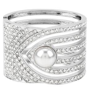 Simulated Pearl, Austrian Crystal Bangle Bracelet in Silvertone 6.25”
